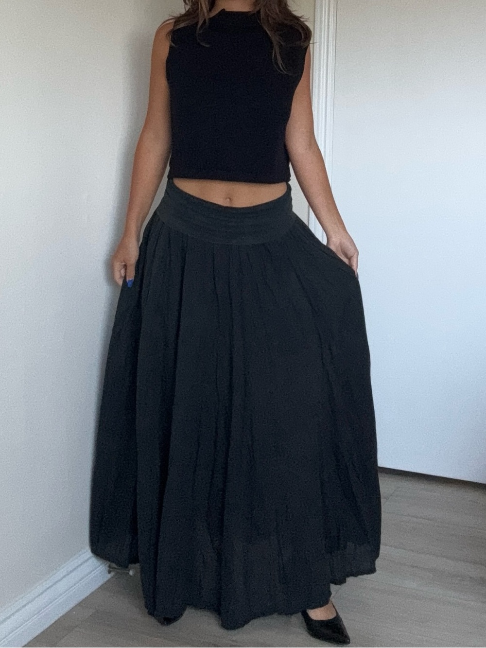 Vintage Black Maxi Skirt with Wide Waistband